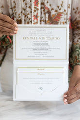 White and gold pocket wedding invitations hardcover booklet with elegant gold foil